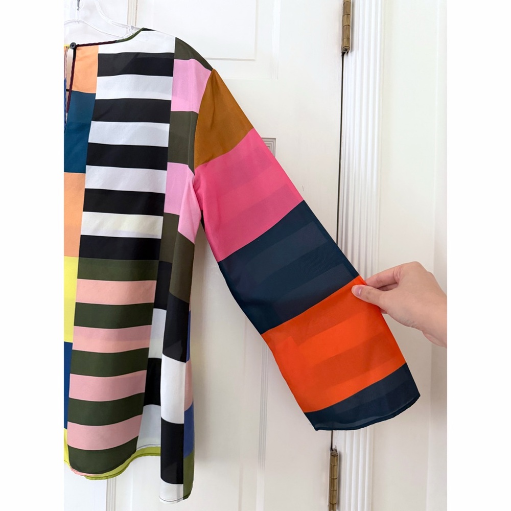 Odeeh Colorful Rainbow Stripe Silk Top Blouse Colorblock Patchwork Rugby 42 - Picture 15 of 16